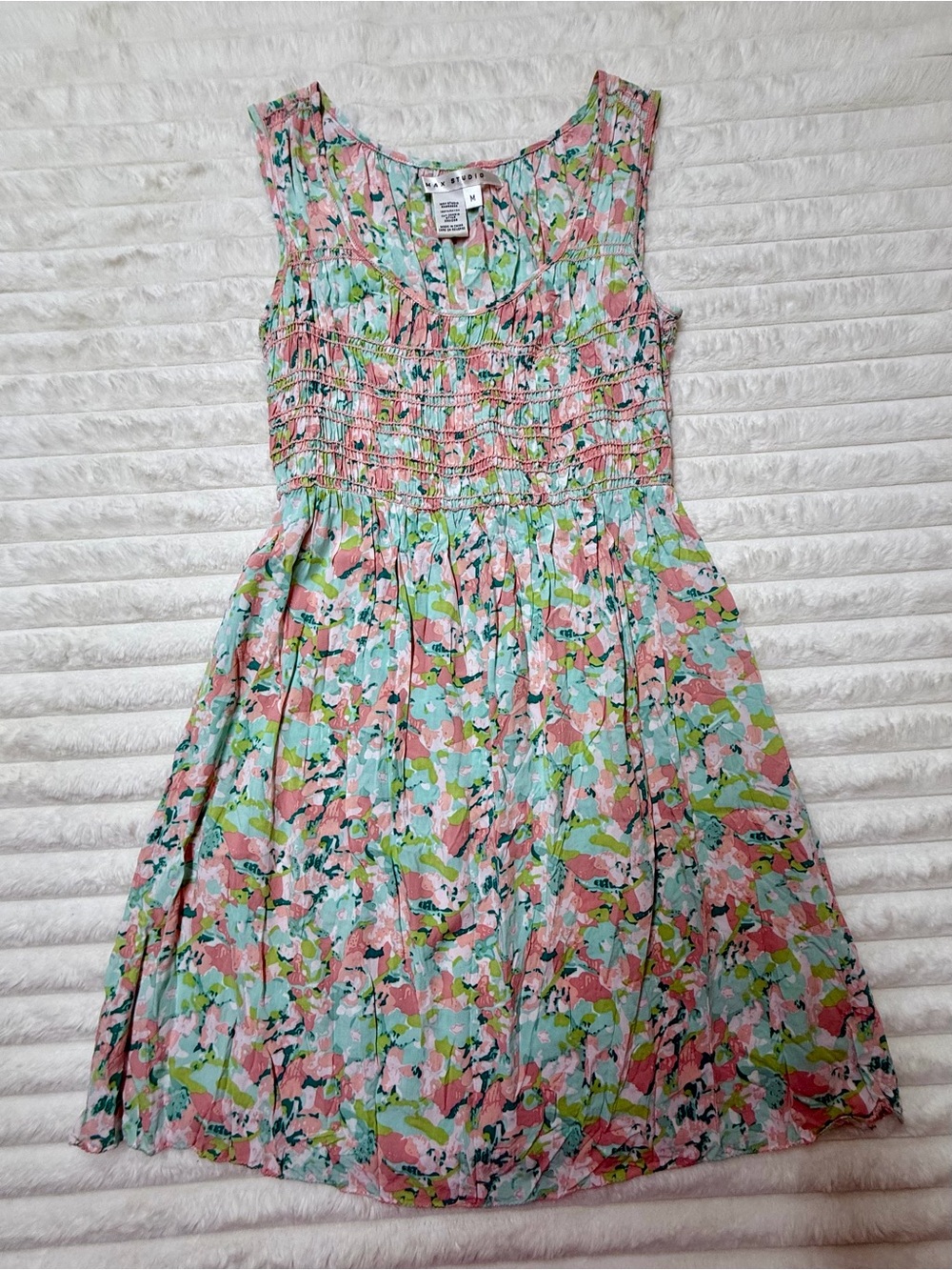 Max Studio Pink Green Floral Smocked Casual Dress